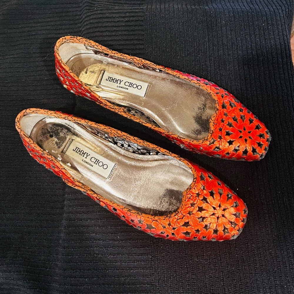 Jimmy Choo Metallic Red Perforated Flats w/Leopard Print Trim